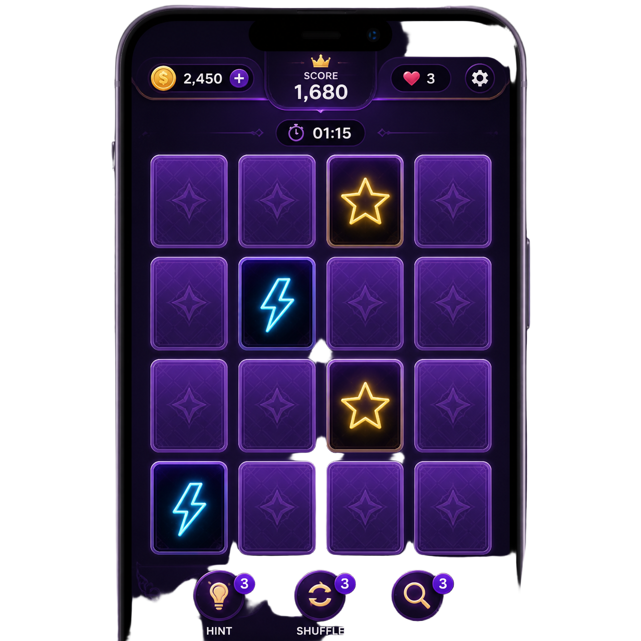 Tela do Memory Quest com um tabuleiro de cartas de memória, pontuação e moedas